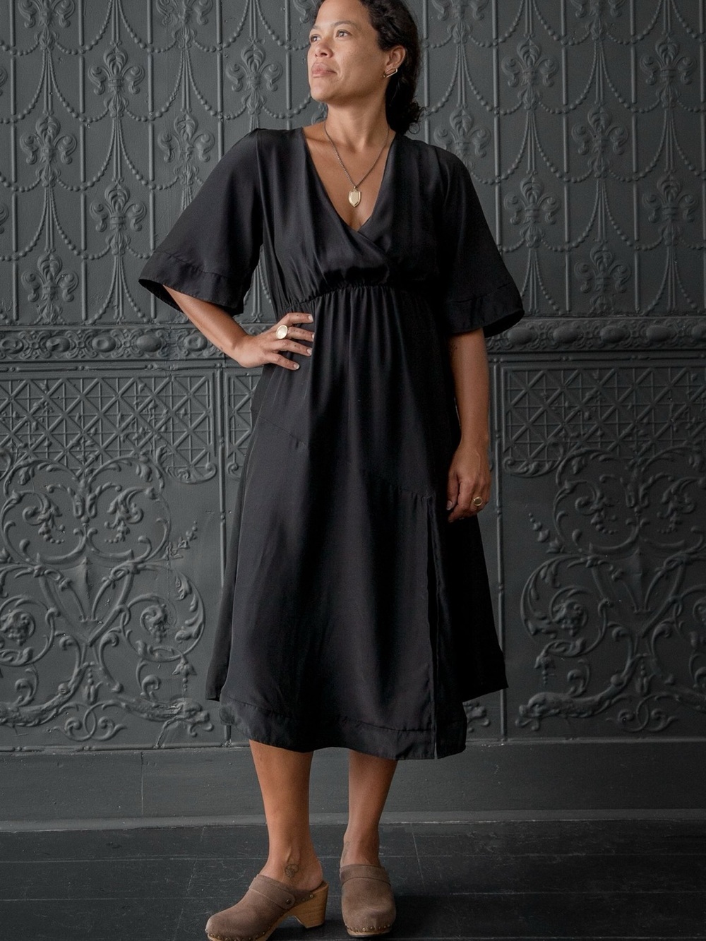 NATALIE MARTIN • Coco Black Midi Wrap-Style Dress - Small